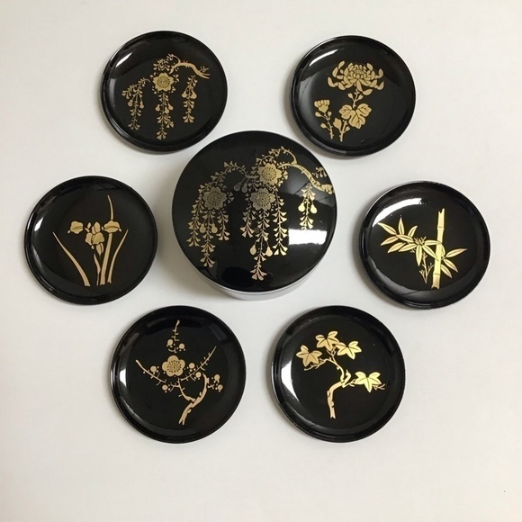 Vintage Japanese Black Lacquerware Box 6 Round Coasters Bamboo Cherry Blossom - Picture 1 of 12